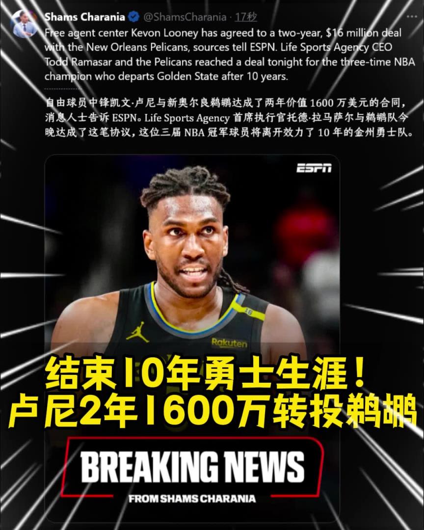 勇士的冠军中锋离队！Shams：卢尼2年1600万签约鹈鹕