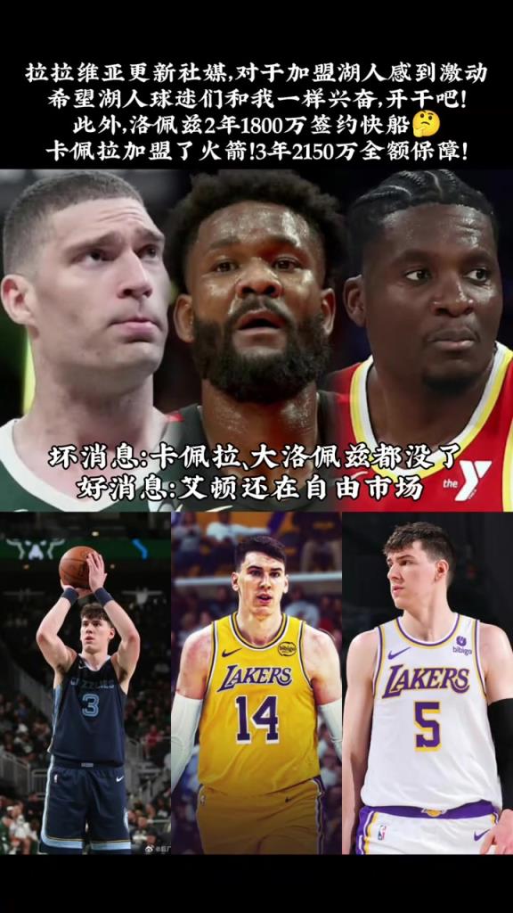 湖人截至目前只签个拉拉维亚！中锋饼皇大洛-2 只剩下艾顿了~